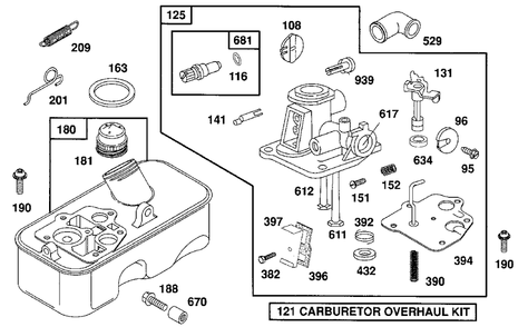 Carburetor Assembly Fuel Tank Diagram and Parts List for 93902-0132-XX  Briggs and Stratton Engine